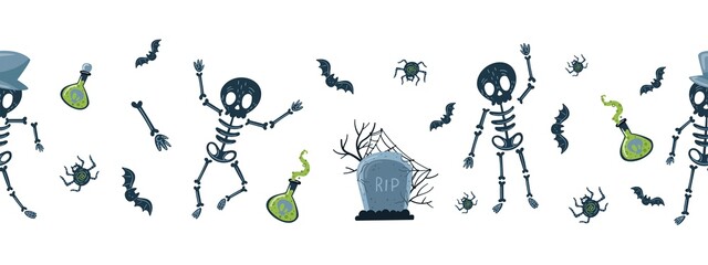 Seamless border with cute cartoon skeletons. Funny chain. Hand-drawn symbols stand out against a white background. Vector illustration