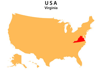 Virginia State map highlighted on USA map. Virginia map on United state of America.