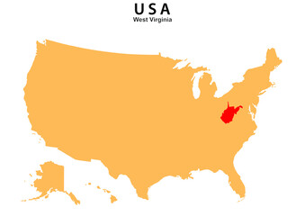 Obraz premium West Virginia State map highlighted on USA map. West Virginia map on United state of America.