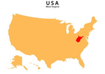 West Virginia State map highlighted on USA map. West Virginia map on United state of America.