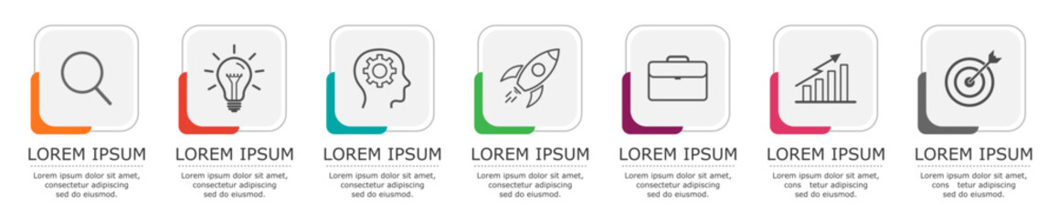 Business infographic Vector with 7 steps. Used for presentation,information,education,marketing,process, project,strategy,learn,brainstorm,creative,growth,abstract,stairs,idea,text,sign,chart,work.