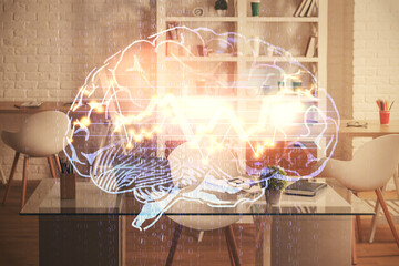 Double exposure of brain drawing and office interior background. Concept of data technology.