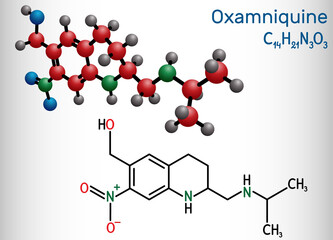 Oxamniquine molecule. It is member of quinolines, anthelmintic with schistosomicidal activity against Schistosoma mansoni, used to treat schistosomiasis