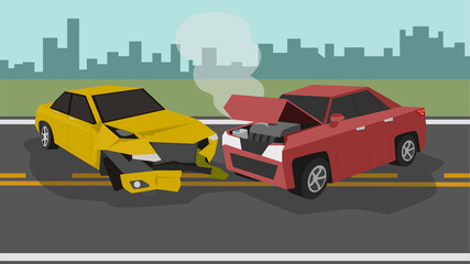 Illustiation and Vector of cartoon. Two cars collide on a asphalt road. The front was badly damaged. Cars rotating across the road. Landscapes of meadows and outside the city. Need insurance.