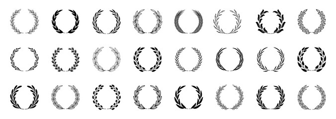 Set of black laurel wreaths. Laurel branches frames collection. Floral round frames of leaves. Vintage decorative elements for awards, medals, achievement, emblem, premium quality, ornate and logo.