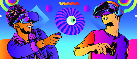 Excited man & Woman wearing virtual reality goggles neon colors Vector illustration