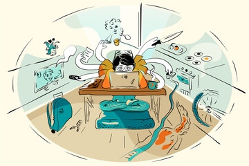 Multitasking woman at home at  laptop, multi-armed mother during quarantine has time for all household chores. Vector Illustration in cartoon style.