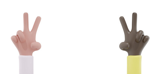 2 of hands with difference color in peacec victory symbol,isolate on white .3d rendering illustration