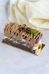 chestnut cake on wooden background