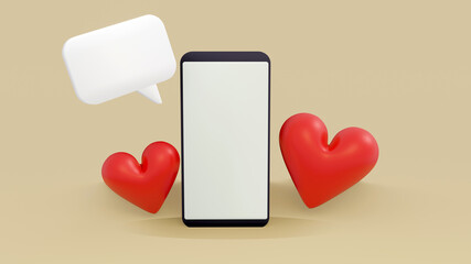 Blank smartphone screen with red hearts nearby.3D rendering illustration of  dating app concept,love text chat,valentine's day, long distance relationship.