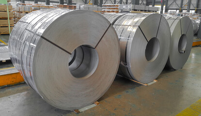 Hot Rolled steel coil straps with steel strapping, Plate metal sheet industry - obrazy, fototapety, plakaty