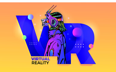 VR Sign  Woman wearing virtual or augmented reality glasses. Abstract vr world with neon Shape