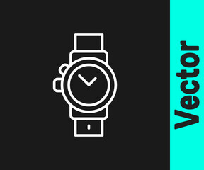 White line Wrist watch icon isolated on black background. Wristwatch icon. Vector
