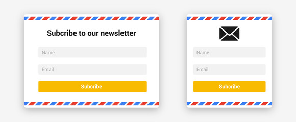 Newsletter form, email capture page set. Isolated subscribe to our newsletter card on white background. Ui design pop-up for website or app. Name, email, subscribe buttons. Vector illustration. - obrazy, fototapety, plakaty