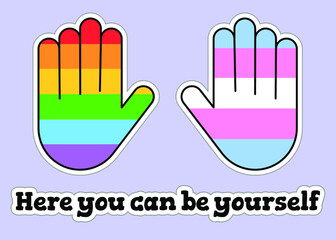 LGBT+ friendly sticker pack. Rainbow gay and transgender flags. Three colorful vector signs for Pride Month. Open palms icons with white outline. Positive space. Safe zone. 