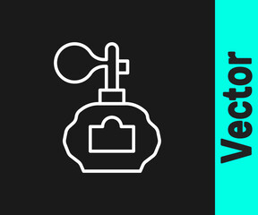 Obraz premium White line Aftershave bottle with atomizer icon isolated on black background. Cologne spray icon. Male perfume bottle. Vector