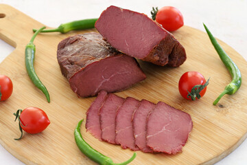 dry meat and slices on a white background. Local name kuru et