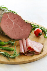 roast beef with thyme on a white background. Local name kekikli rose beef