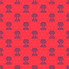 Blue line Award cup icon isolated seamless pattern on red background. Winner trophy symbol. Championship or competition trophy. Sports achievement sign. Vector