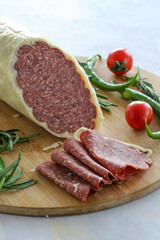 Parmesan Sausage on a white background. Local name permesanlı italyan sucuk