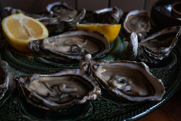 Open fresh Oysters with lemon on a ceramic oysters plate