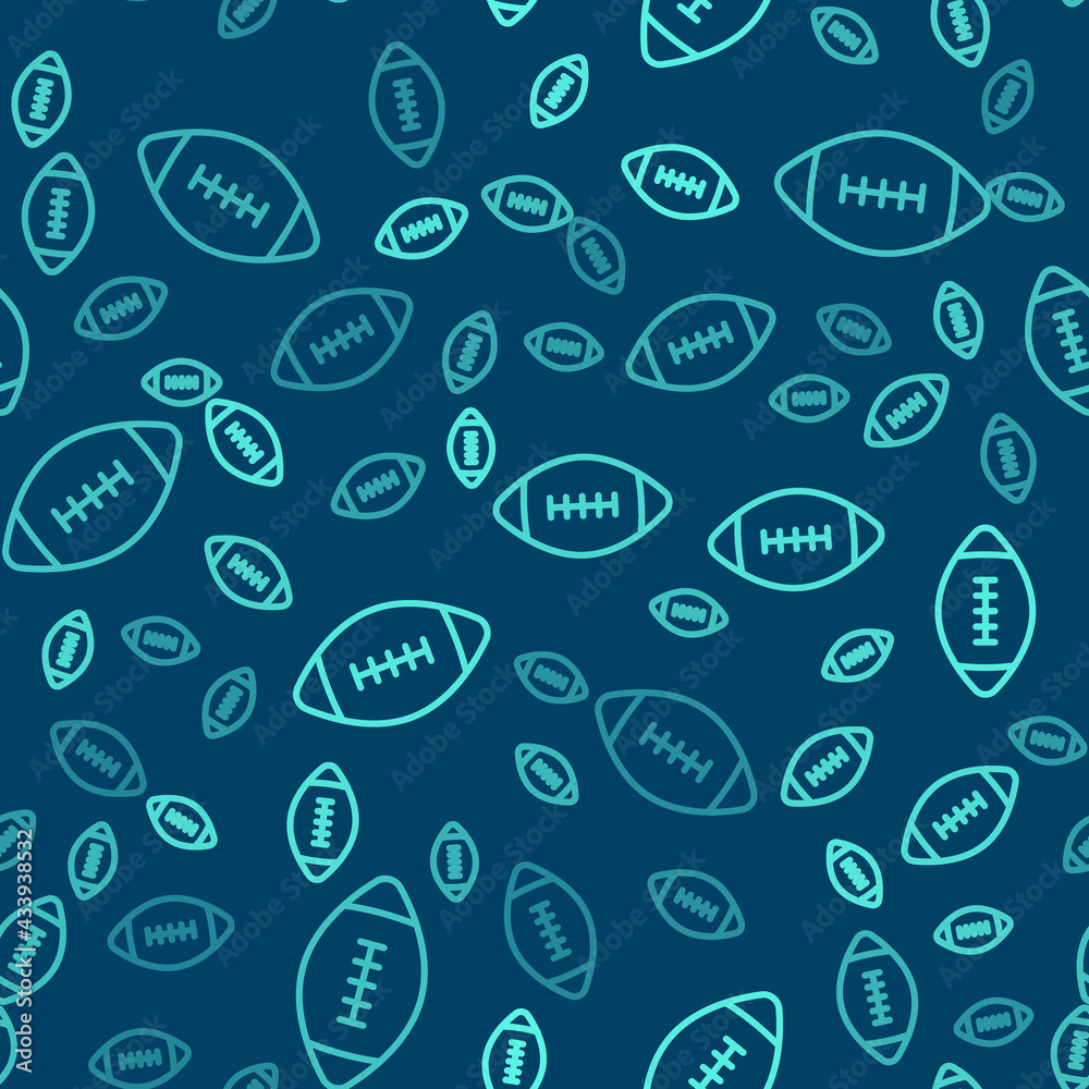 Wall mural Green line American football ball icon isolated seamless pattern on blue background. Rugby ball icon. Team sport game symbol. Vector