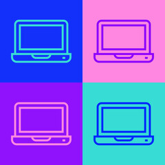 Pop art line Laptop icon isolated on color background. Computer notebook with empty screen sign. Vector