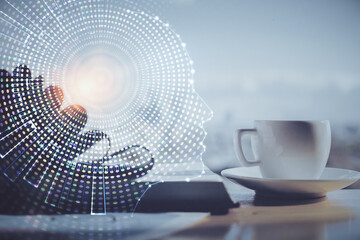 Double exposure of brain drawing and desktop with coffee and items on table background. Concept of...