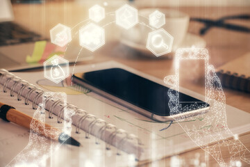Fototapeta premium Double exposure of tech theme sketch over cell phone background. Concept of technology