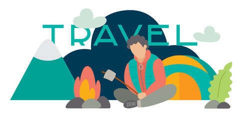 banner travel, a man with marshmallows at the campfire in front of the tent. at night in the mountains