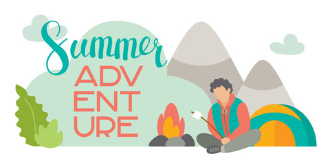 Naklejka premium banner summer adventure, a man roasts marshmallows around a campfire in front of a tent.
