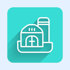 White line Farm house icon isolated with long shadow. Green square button. Vector