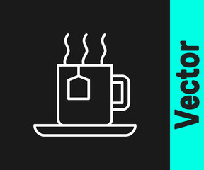 White line Cup of tea with tea bag icon isolated on black background. Vector