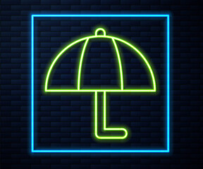 Glowing neon line Umbrella icon isolated on brick wall background. Insurance concept. Waterproof icon. Protection, safety, security concept. Vector