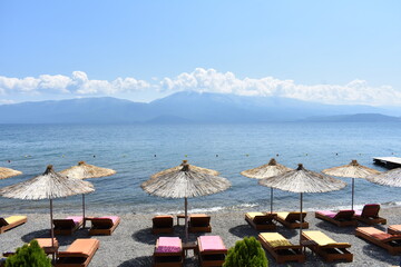 umbrellas on the beach, Ohrid Lake, Albania