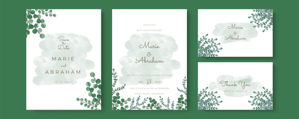 Set of wedding invitation card with flower and leaves. Green blue yellow gold minimalist simple wedding floral watercolour.