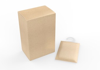 Blank fragrance hanging sachet packet bag for branding mock up, 3d render illustration.