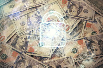 Double exposure of lock drawing over us dollars bill background. Security safe concept.
