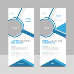 Healthcare and medical roll up banner design. Vertical X-banner, Standee and banner template, health care, dental care, printing, presentation and brochure flyer concept vector illustration.