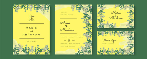 Naklejka na ściany i meble Set of wedding invitation card with flower and leaves. Green blue yellow gold minimalist simple wedding floral watercolour.