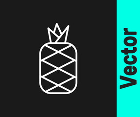 White line Pineapple tropical fruit icon isolated on black background. Vector