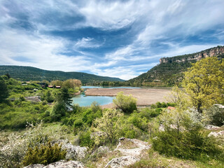 panoramic view of the Cuenca mountains and the Júcar river. Town of Uña in Cuenca. Hiking trails La Raya and El Escalón in Uña, Cuenca, Spain