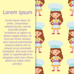 Seamless pattern cute little girl holds a cupcakes on the tray.