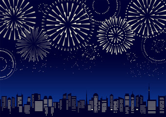 花火のあがる都市風景のイラスト モノクロの線画 Background Wall Mural Backgrou Tukinoto