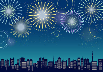 花火のあがる都市風景のイラスト モノクロの線画 Background Wall Mural Backgrou Tukinoto