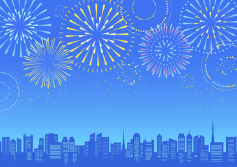 花火のあがる都市風景のイラスト モノクロの線画 Background Wall Mural Backgrou Tukinoto