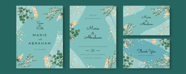 Set of wedding invitation card with flower and leaves. Green blue yellow gold minimalist simple wedding floral watercolour.