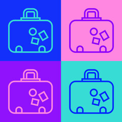 Pop art line Suitcase for travel icon isolated on color background. Traveling baggage sign. Travel luggage icon. Vector