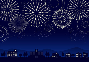 花火のあがる町並みのイラスト（シルエット）