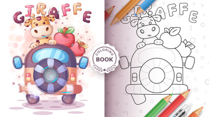 Obraz premium Giraffe travel in the car - coloring page